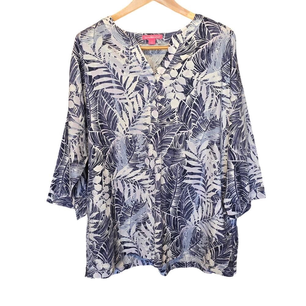 Woman Within Top Womens Plus Size 24W Blue Tropical Print Linen Blend Resortwear
